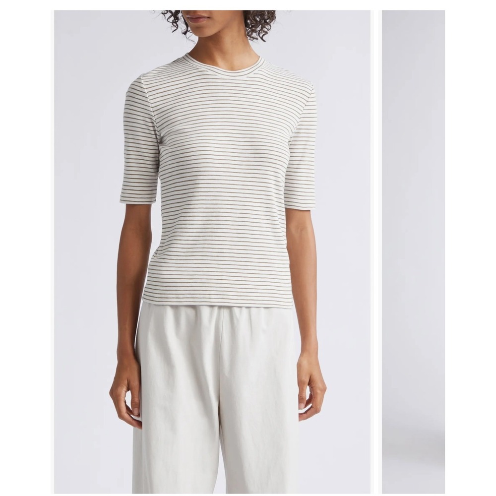 Vince Womens Stripe Elbow Sleeve Cotton Blend Ribbed Knit Minimalist Coastal